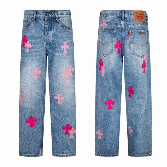 High version evergreen model Chrome Hearts 25Fw Ch blue pants pink leather patc