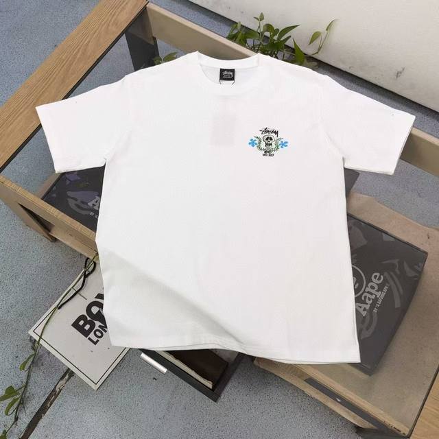 Stussy 25Ss Colorful flower skull print short-sleeved high version heavy-duty sh