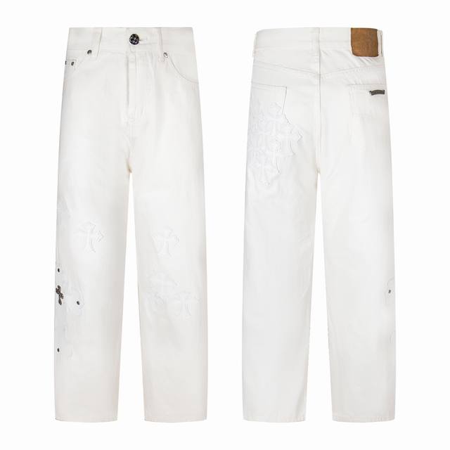Chrome Hearts White Bull King Metal Cross White Leather Heavy Jeans Chrome Hear