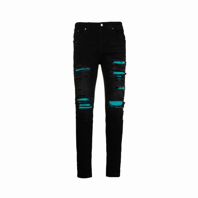 Amiri 24Ss green ripped slim-fit leather jeans Genuine leather printing, cabled