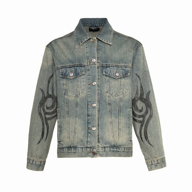 Balencia24Fwy2K show-style denim jacket, hand-painted totem pattern, not so exag