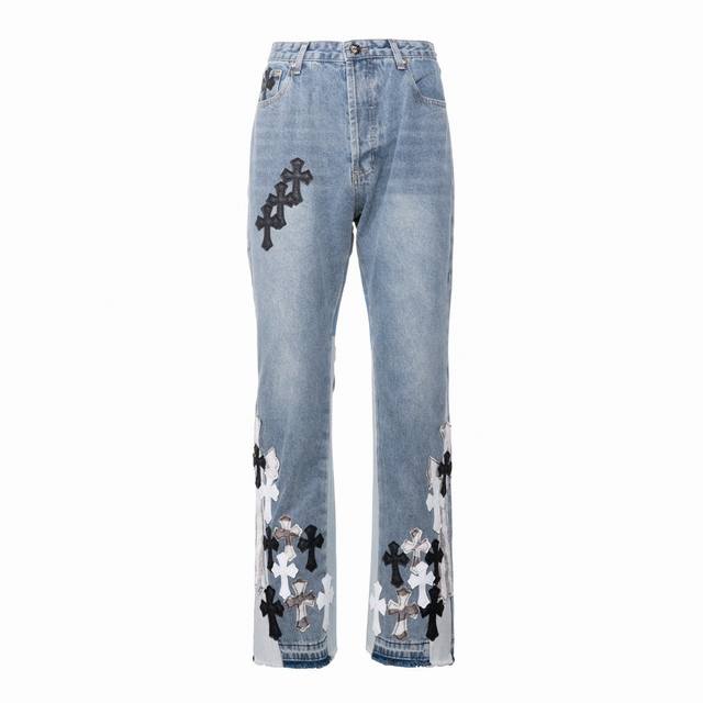 Top version destroyed leather patchwork Top version Chrome Hearts jeans patchwo