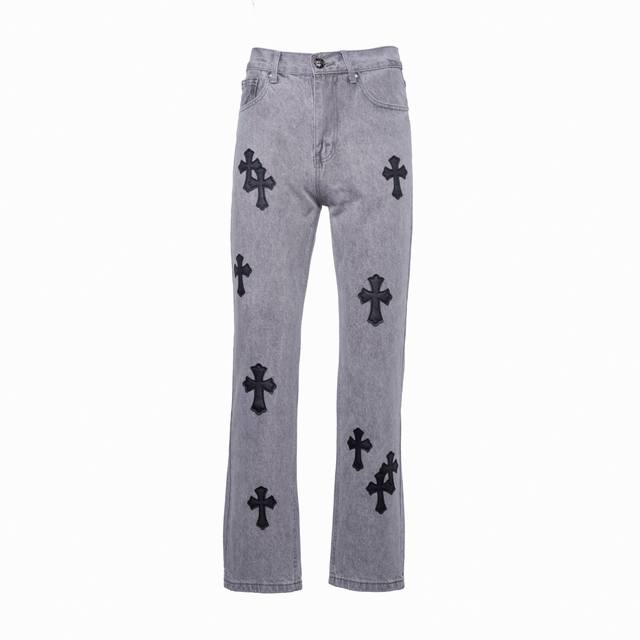 Top version gray pants black leather Top version Chrome Hearts jeans patchwork l