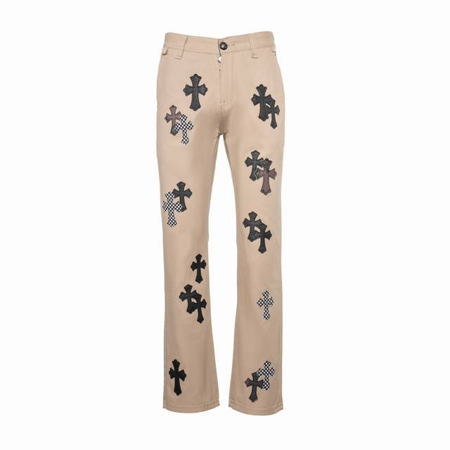 Top version khaki patchwork leather Top version Chrome Hearts jeans patchwork le