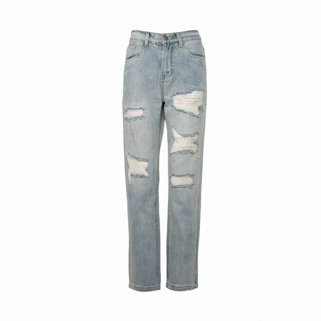 Drew House Bieber's same style blue ripped smiley face high street ripped washed