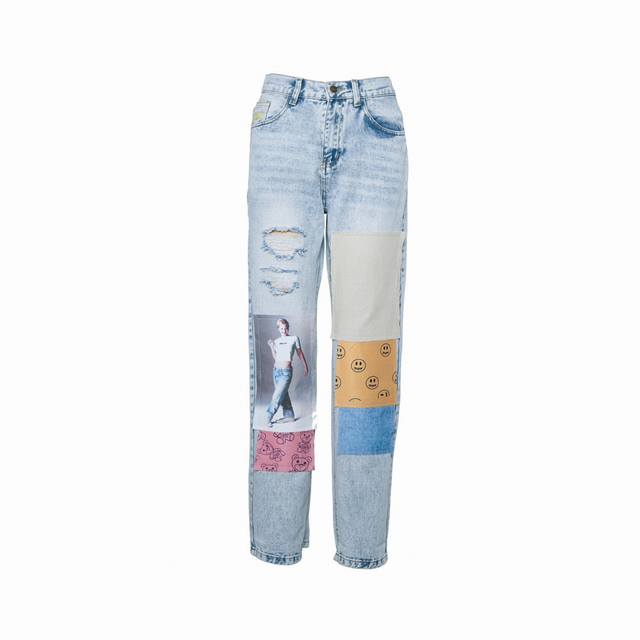 Back to school season welfare model Drew House smiley face ice blue washed strai