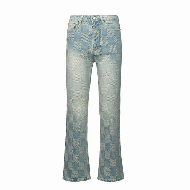 Lv24Ss Checkerboard flared jeans Fabric: 7*10 denim fabric with tannin hard grai