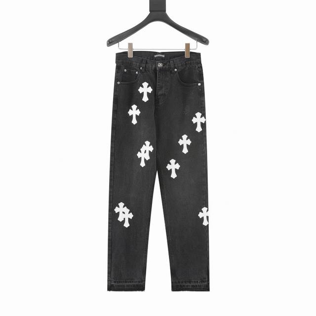 Top version black pants white leather Top version Chrome Hearts jeans patchwork