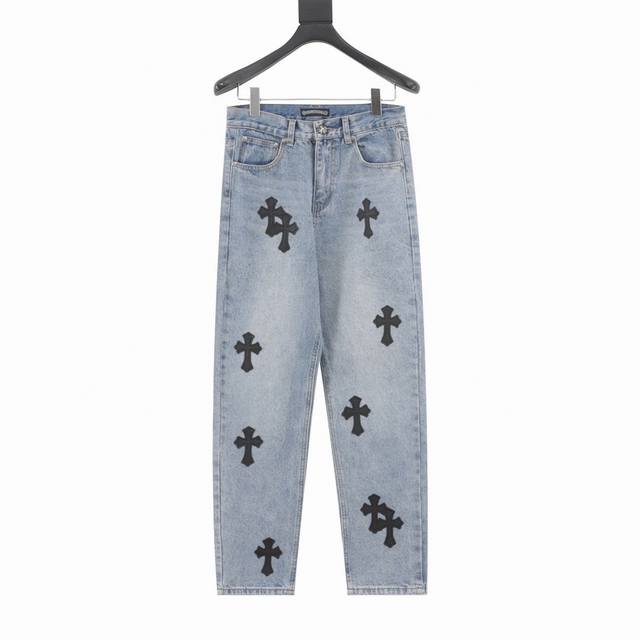 Top version light blue black leather Top version Chrome Hearts jeans with patch