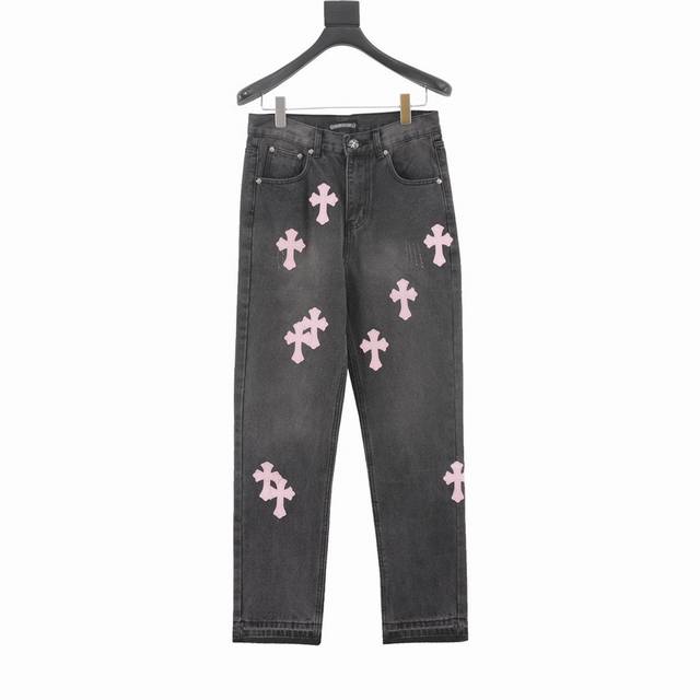 Top version black pants pink leather Top version Chrome Hearts jeans patchwork