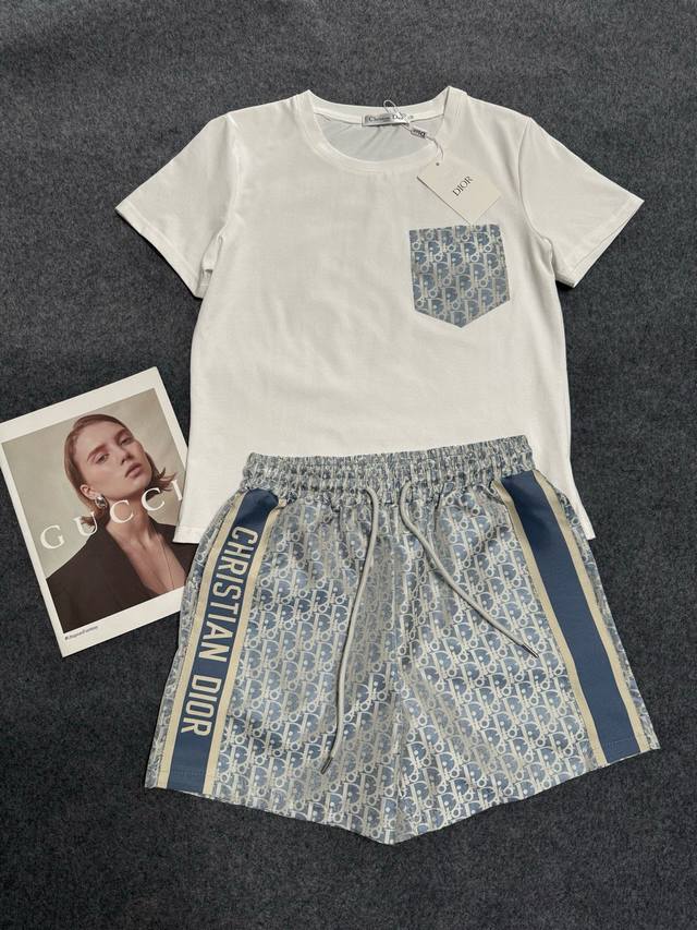 Dior pocket round neck short-sleeved T-shirt customized letter webbing drawstrin