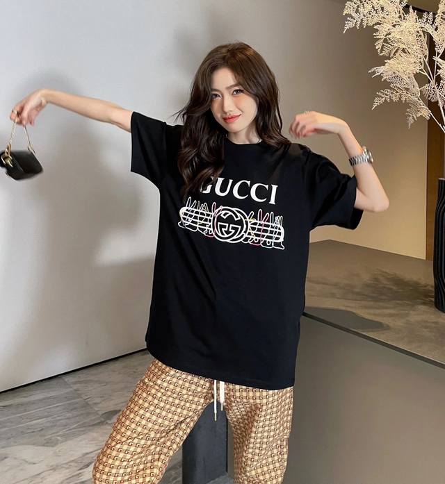 Gucci colorful rabbit letter short-sleeved top picture DDD
