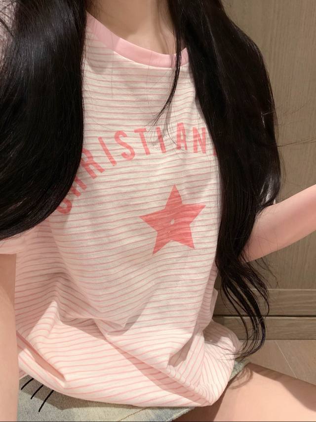 Dior Dior letter five-pointed star print striped round neck short-sleeved T-shir
