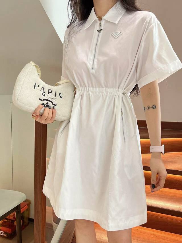 Prada Prada custom letter triangle logo zipper lapel short sleeve waist dress St