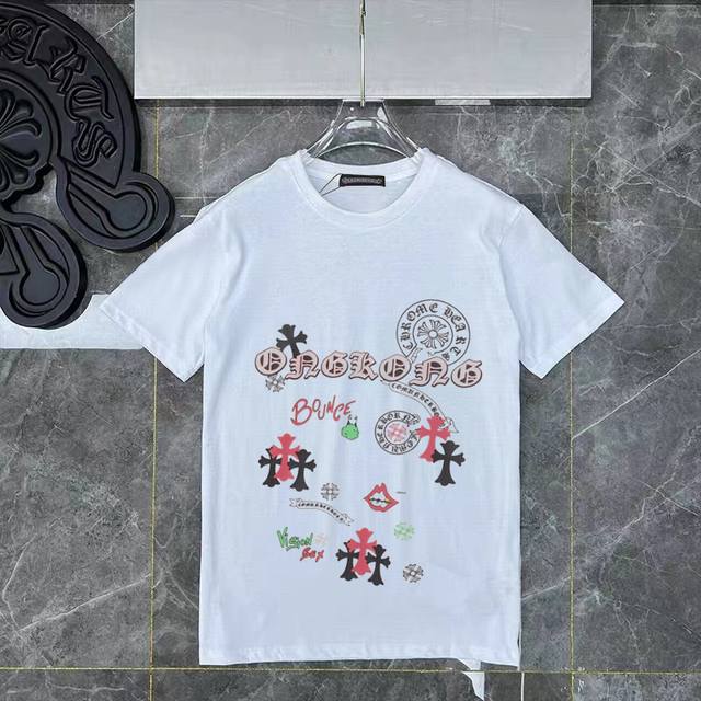 D08 New European round-neck pure cotton colorful cross Sanskrit print Ch loose v