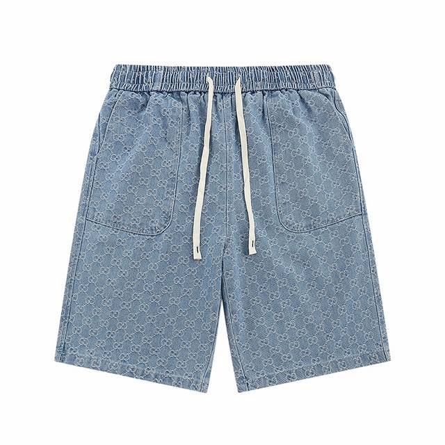 New arrival Top version Gucci classic full-print logo washed denim shorts G's an