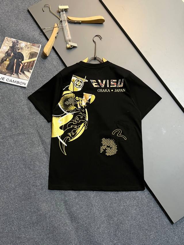 Evisu Ss Multi-pocket gold-stamped letter printed casual round neck short-sleeve