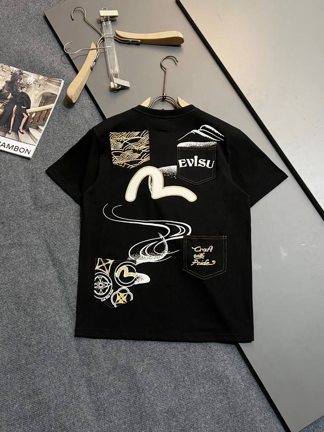 Evisu 2025 Spring Multi-pocket and Multi-print Wide-cut Short-sleeved T-shirt fo