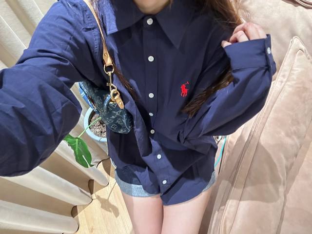 Ralph Lauren 25Ss new embroidered logo linen sunscreen shirt The navy blue colo