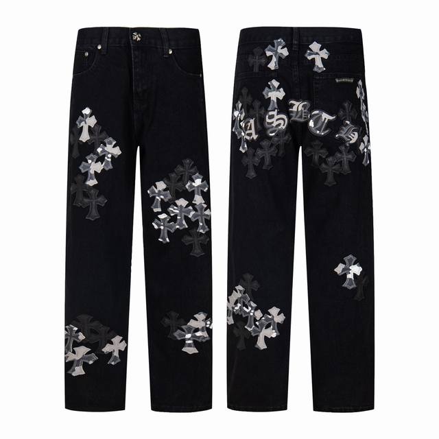 Chrome Hearts Chrome Hearts black washed jeans with leather elements and full de