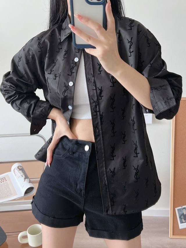 New arrival Ysl Saint Laurent Ss new flocked full-print shirt Crazy call Ysl fl