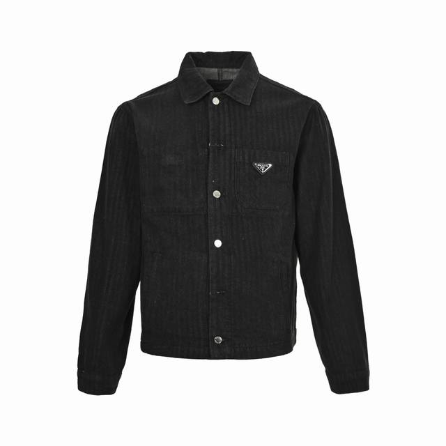 Prada 25Fw triangle logo washed denim jacket Customized denim velvet denim fabri