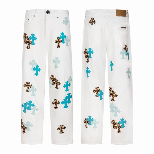 Chrome Hearts 25Ss white pants with three-color leopard print and blue leather j