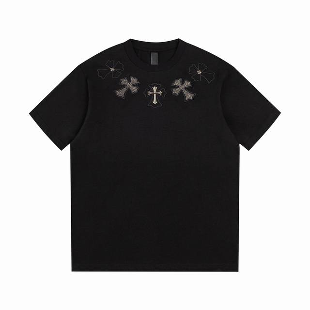 High version Chrome Hearts metal + hot diamond cross short sleeves! The front a