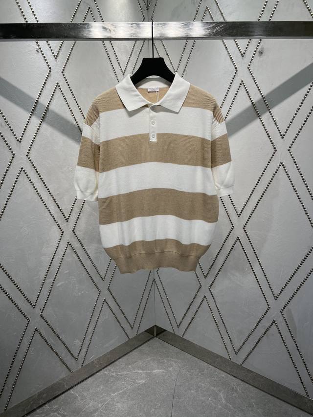 Bc 25Ss New Striped Printed Knitted Short Sleeve Polo Shirt Men's Beige Size: SM