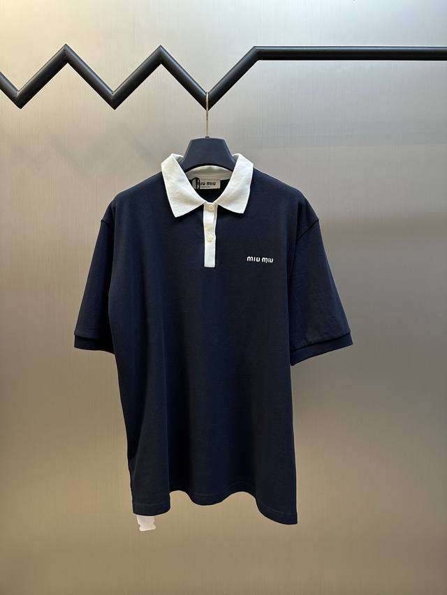 Miu Miu Contrast Collar Logo Embroidery Polo Shirt Made of 50s double-stranded c