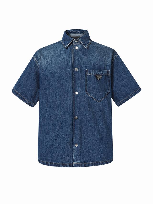 Prada classic solid color logo denim loose short-sleeved shirt Color denim blue