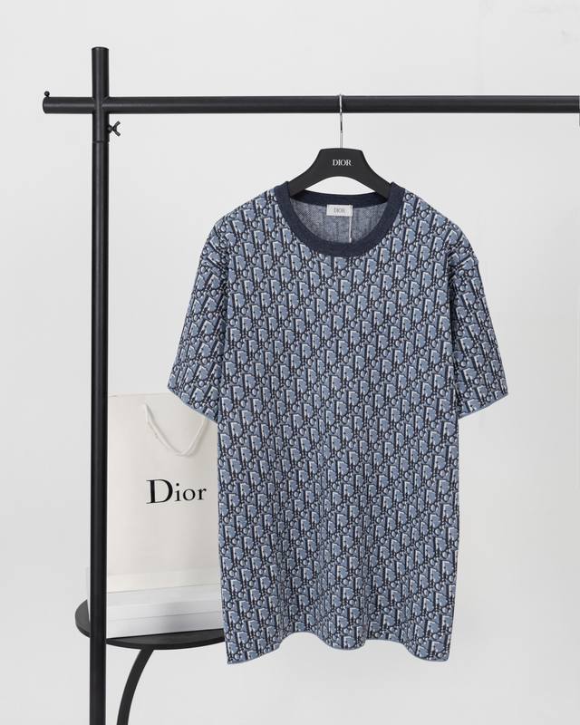 Top version. Official website quality Dior blue jacquard wool short sleeves The