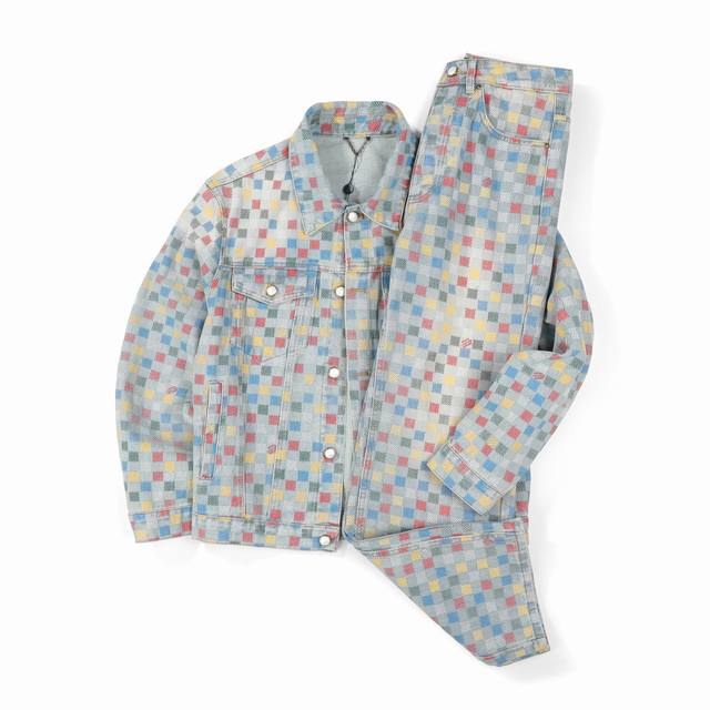 Jacket and pants Louis Vuitton 25Ss new dopamine color pixel checkerboard denim