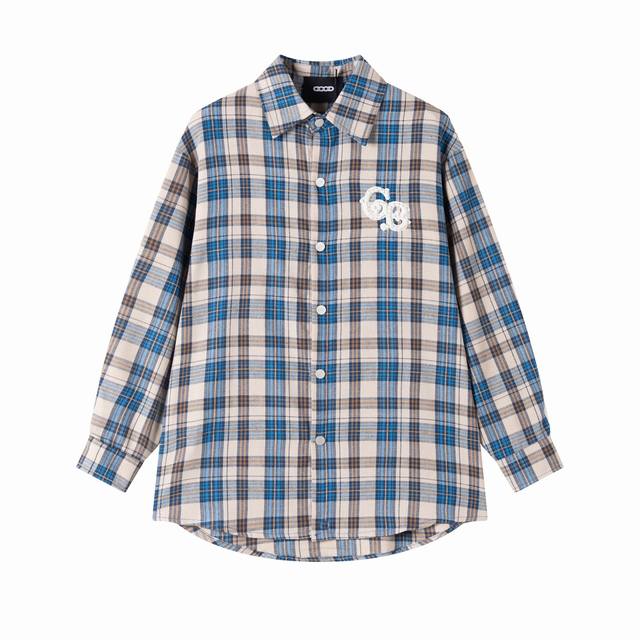 Goodbrand Lapel plaid pearl long-sleeved shirt unisex Color: Blue Size; ML Xl Xx