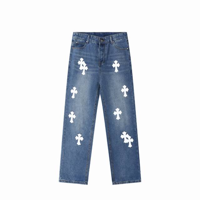High version Chrome Hearts leather label cross washed jeans, same style for men