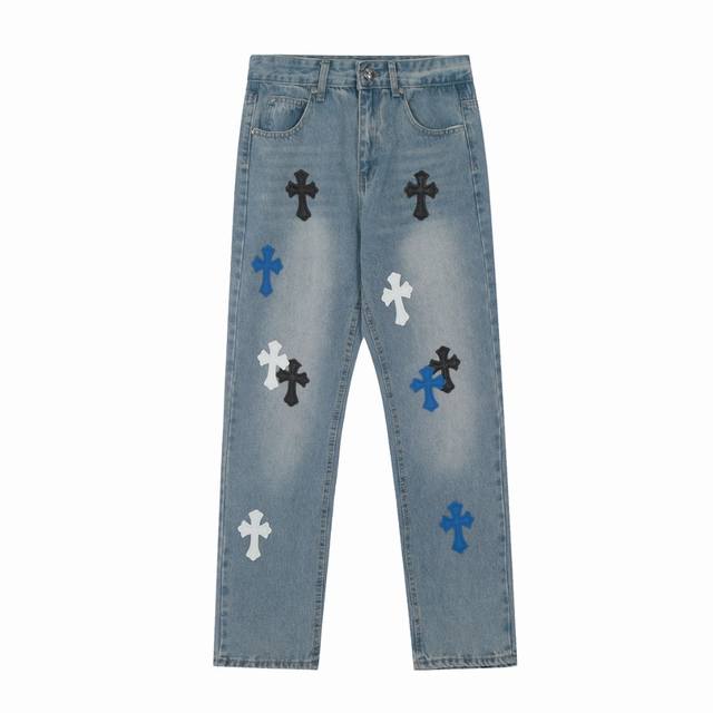 High version Chrome Hearts embroidered leather label cross washed jeans, unisex