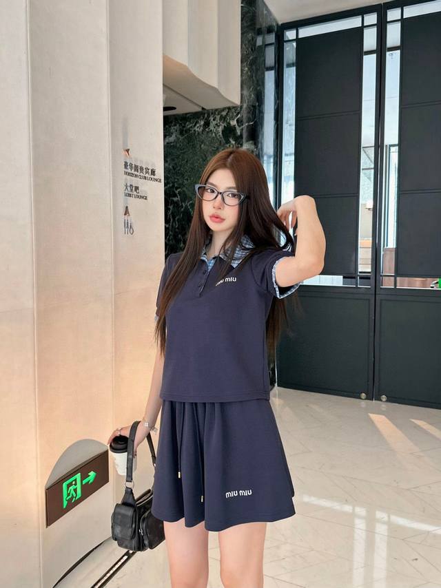 Miumiu Miu Miu letter embroidered plaid patchwork top and skirt suit Style numbe