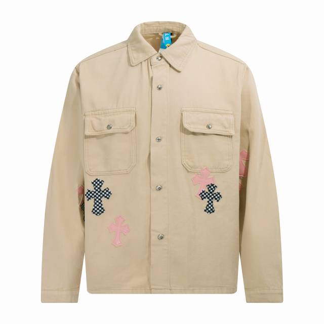 High version Chrome Hearts khaki leather label cross denim jacket, unisex. The