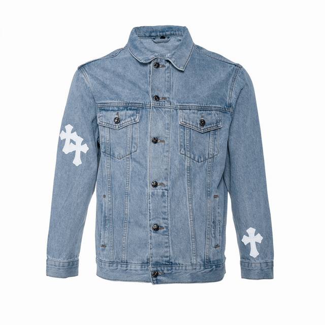 High version Chrome Hearts washed denim jacket with cross and Sanskrit embroide