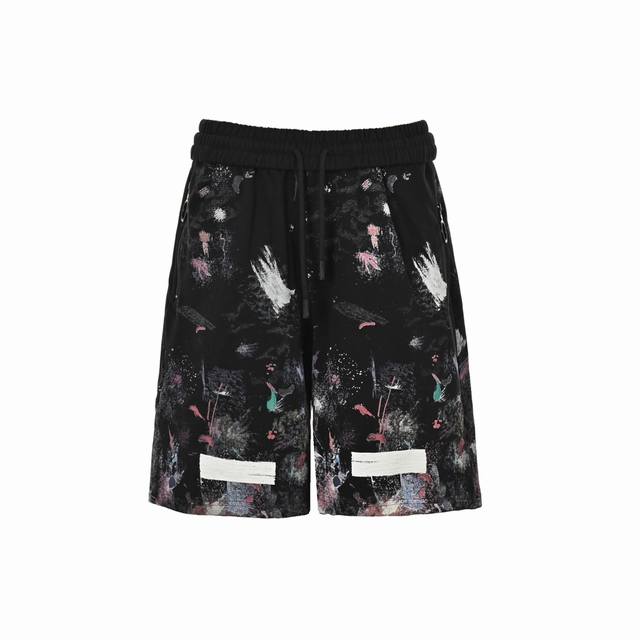 High version Off White 17Ss starry sky fireworks ink-splashed diagonal shorts c