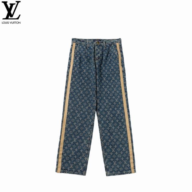 Louis Vuitton Louis Vuitton full-print side leather washed blue jeans The washed