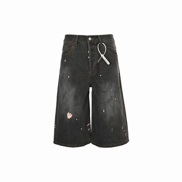 Acne Studios 25Ss Ink-splashed button-down washed three-quarter denim shorts Off