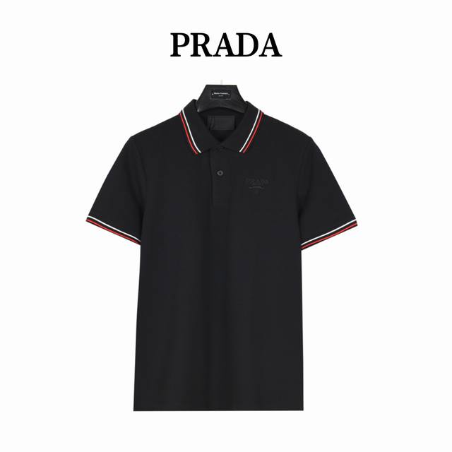 Prada 25Ss contrast striped chest embroidered logo short sleeve polo shirt Offic