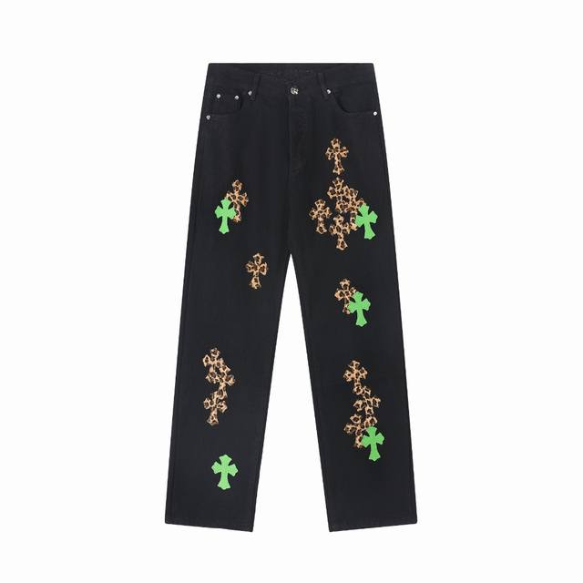 High version Chrome Hearts Sex Records series leather leopard cross jeans, the