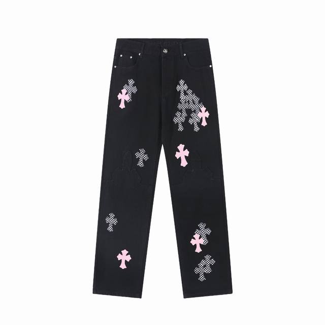 High version Chrome Hearts cherry pink checkerboard cross stitch leather jeans,