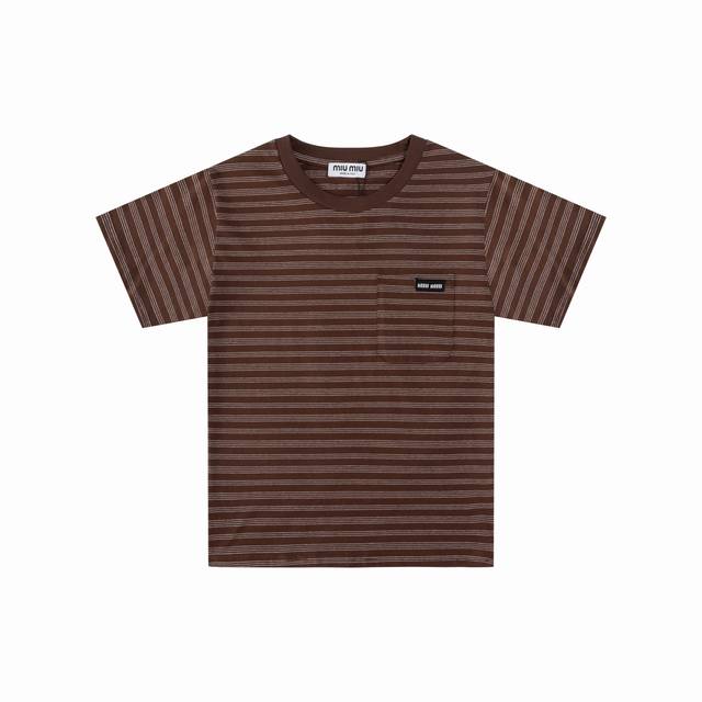 Miu Miu 2025 new embroidered pocket letter striped women's short-sleeved T-shirt