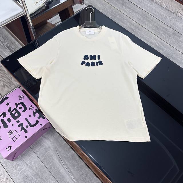 AmiAmy2025Ss Love Crochet Chest Letter Short Sleeve T-shirt Embroidered Unisex S