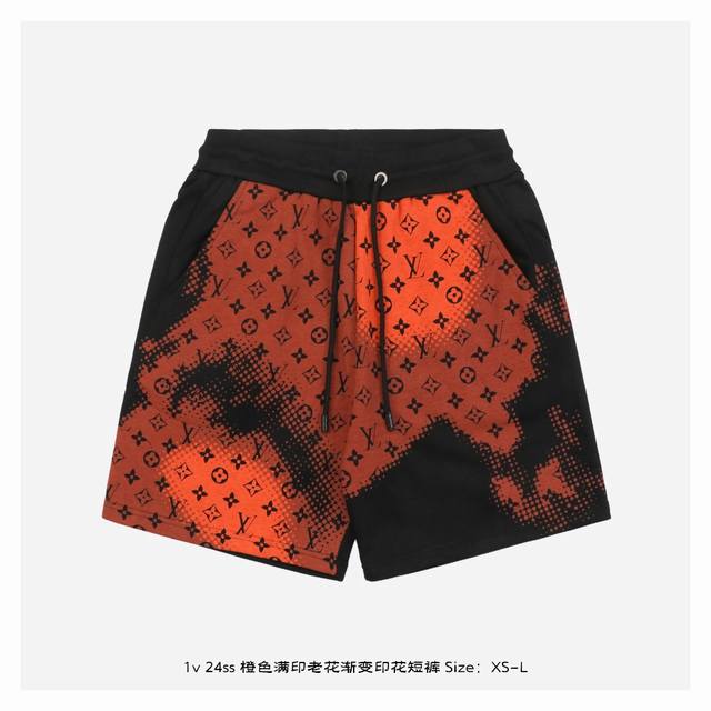 Lv 24Ss Orange full print old flower gradient print shorts The fabric is made of