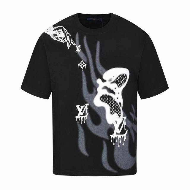 Louis Vuitton Summer new exercise fire burning print round neck short-sleeved T-