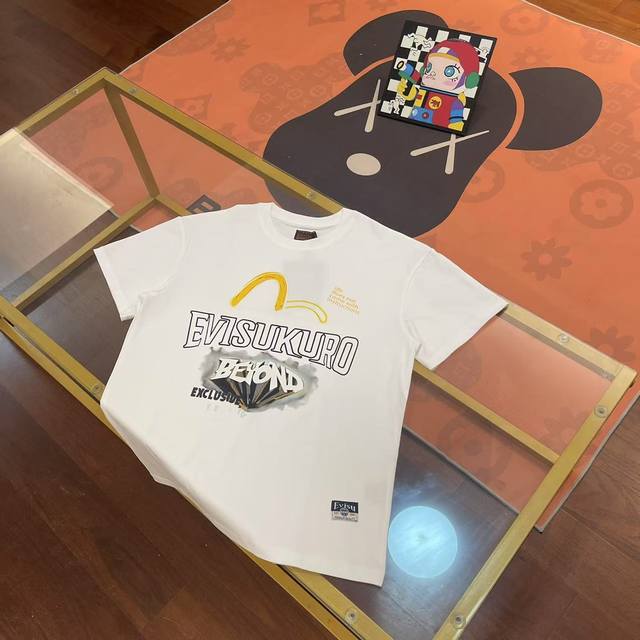 New, Evisu Fushen 2025 new men's letter hot stamping short sleeve Color: White